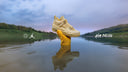 Garra del caimán amarillo sosteniendo el Air Jordan 4 x J Balvin Amazonas sobre el río